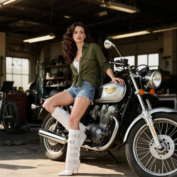 Women's Fold Over Long Tall Leather Buckle Shark Knee High Zipper White Boots - Picture 3 of 6